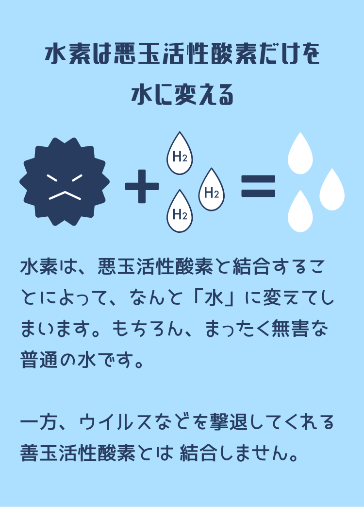 水素は悪玉活性酸素だけを水に変える 水素は、悪玉活性酸素と結合することによって、なんと「水」に変えてしまいます。もちろん、まったく無害な 普通の水です。一方、ウイルスなどを撃退してくれる善玉活性酸素とは 結合しません。